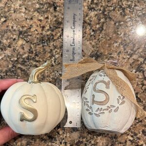 2 pk Decorative White and Cream Pumpkins with Gold Accents Letter “S”